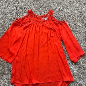 Daniel Rainn Red Cold-Shoulder Blouse with Crochet Neckline